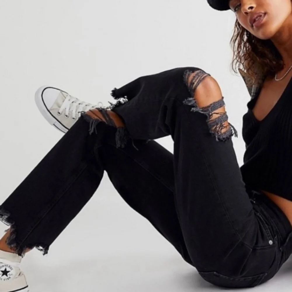 Free People Maggie Mid Rise Straight Leg Black Distressed Jeans
